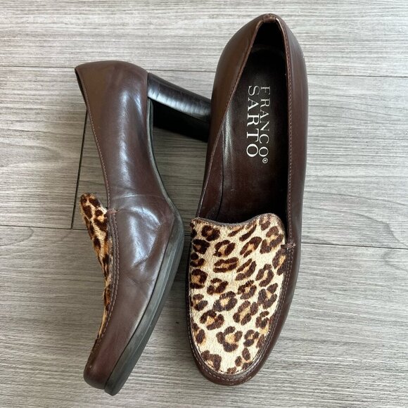 Vtg Franco Sarto Brown Leather Leopard Animal Print Calf Hair Pumps Size W7.5 - Picture 1 of 9